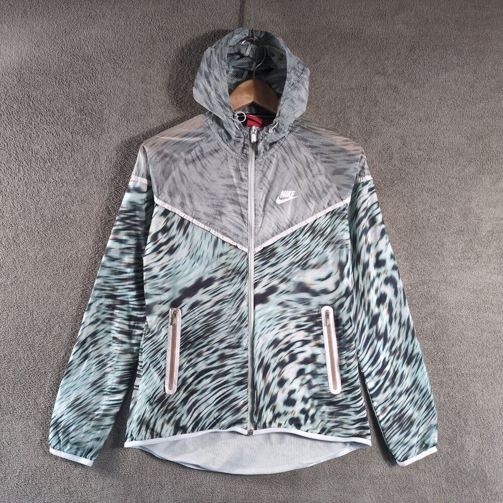Nike Tech Hyperfuse Hooded Windrunner Jacket Womens Size Med Mint Animal Print‎